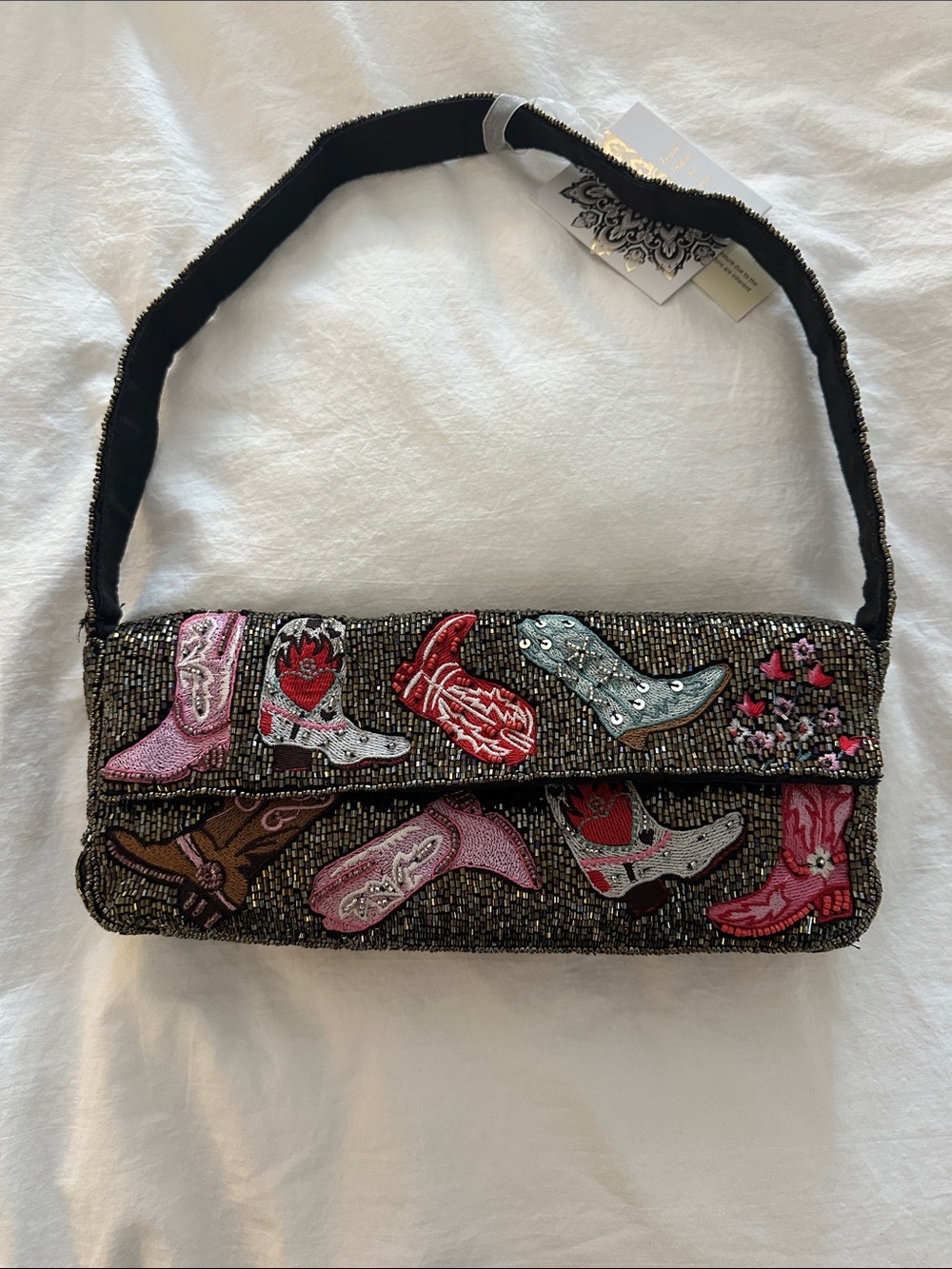 Beaded Western Boot Appliqué Shoulder Bag in Black and Pink